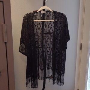 Cape Style Lacey Cardigan Fringe Black Women Large Layer Kimono